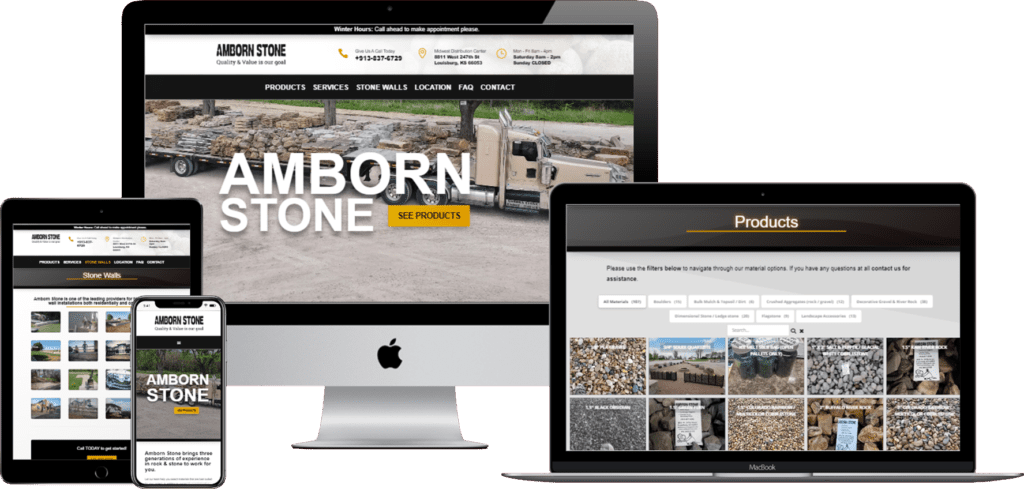 The website for ambron stone is displayed on a laptop, tablet, and phone.