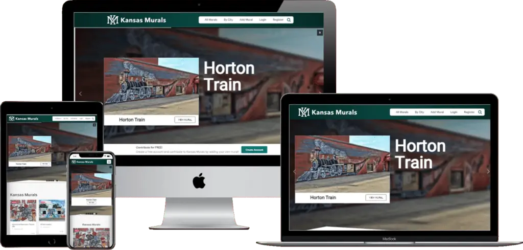 A mobile phone, tablet, and computer displaying the website for holton train.