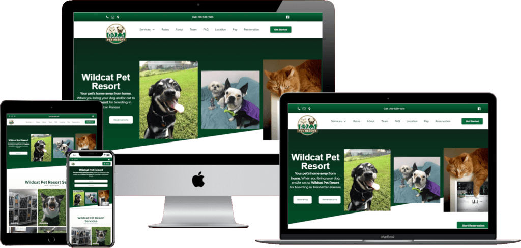 A mobile phone, tablet, and computer with a website design for a pet store.