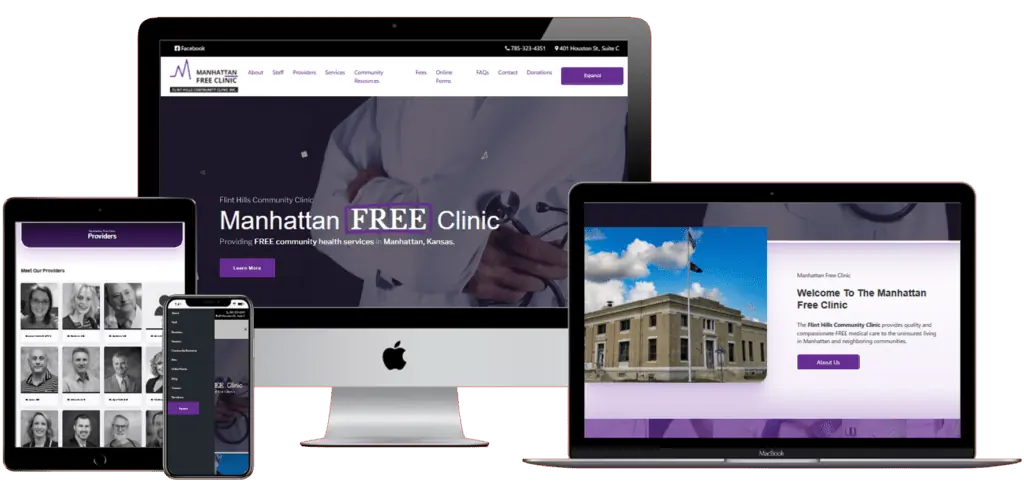 A tablet, a laptop, and a phone displaying the website for a medical clinic.