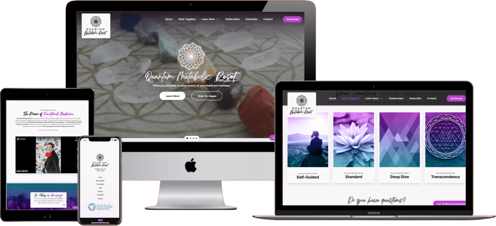 A website for a crystal shop with a laptop, tablet, and phone.