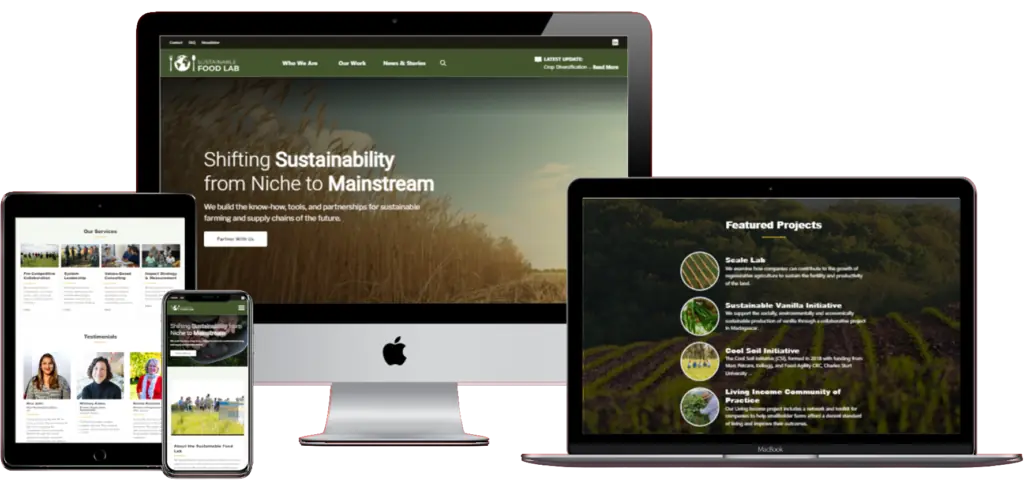 A desktop, laptop, tablet, and smartphone displaying a website for a farm.