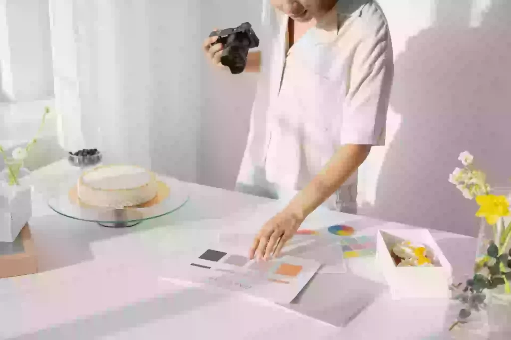 Person photographing cake with color swatches on table.