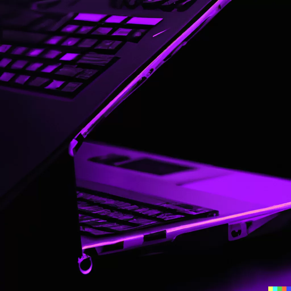 Side view of open laptop with purple backlighting